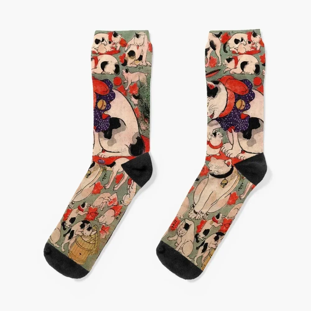 Antique Japanese Woodblock Print Cats ~ Cat Tattoo Flash Socks christmas stocking sheer Non-slip Socks Girl Men's