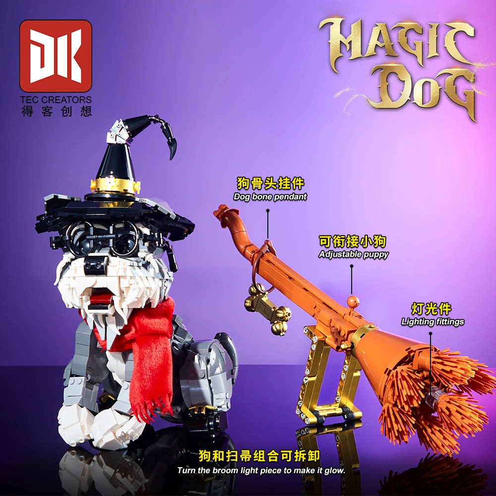 Deke 7057 Fantasy World Magic Dog Schnauzer Creative Animal Model Lighting Magic Broom Ornaments Building Blocks Toys