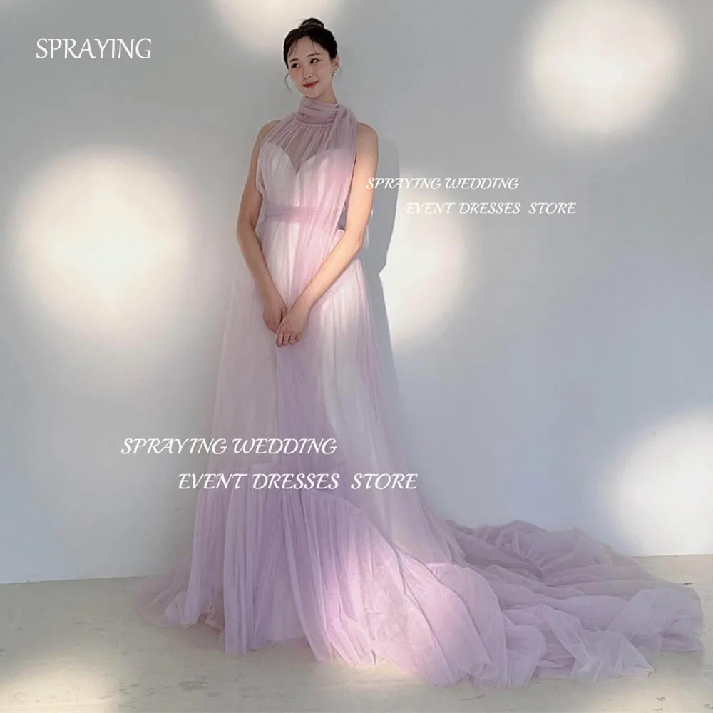 

SPRAYING Fairy Skirt Tulle High Neck Korea 2024 Wedding Dresses Corset Back Purple Photo Shoot Long Prom Dress Sweep Train 웨딩드레스