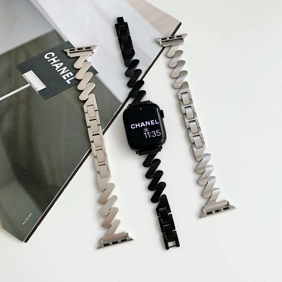 Luxury Matte WavesสําหรับApple Watch Ultra 49 มม.IWatch Series 6 7 8 SE 4 5 38/40/41 มม.42/44/45 มม.โลหะสร้อยข้อมือเหล็ก