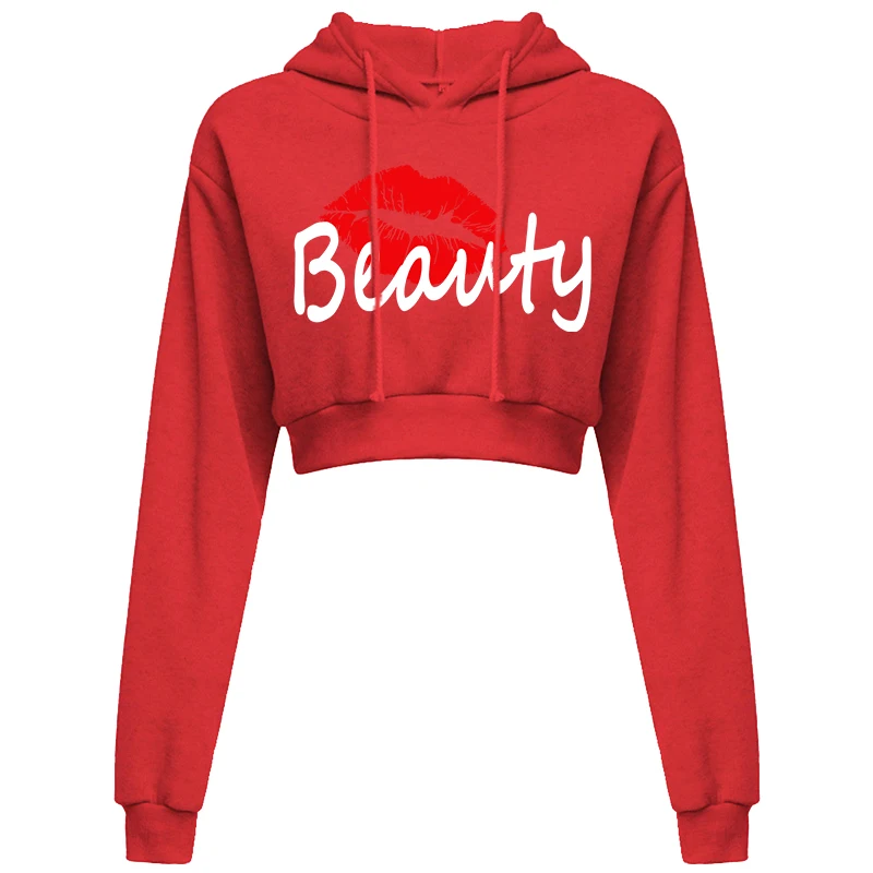 New sexy women\'s sports shirt with exposed navel hoodie top lip print hoodie fashionable and sexy with exposed navel hoodie