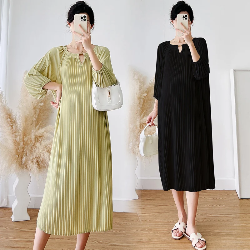 

2023 Spring and Autumn Plus Size Woman Pleated Dress Long Sleeve Loose Pregnancy Chiffon Dress Maternity Party Dress Black Green