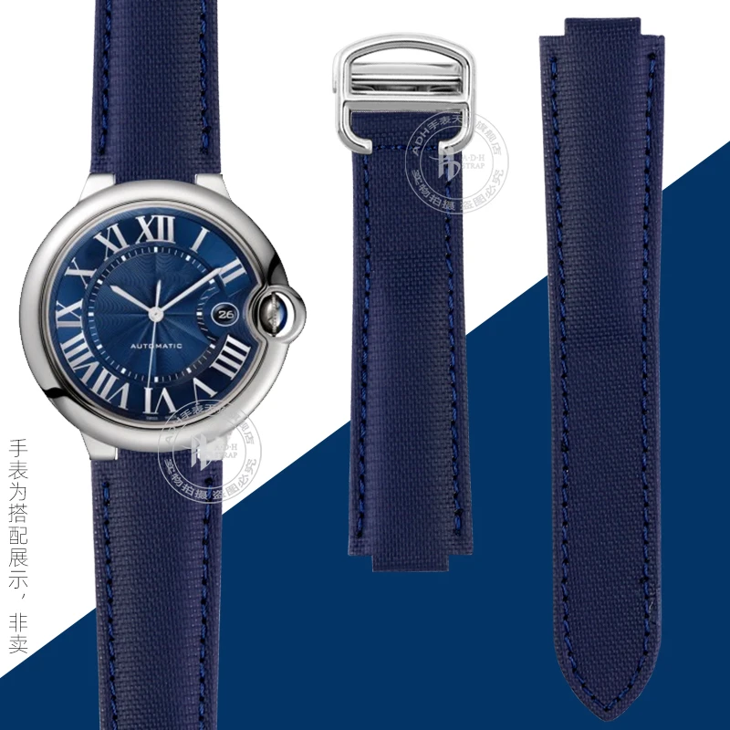 Correa de reloj de nailon de lona con interfaz convexa para Cartier Blue Balloon Black Knight WSBB0027/25, correa de reloj plegable estilo hebilla