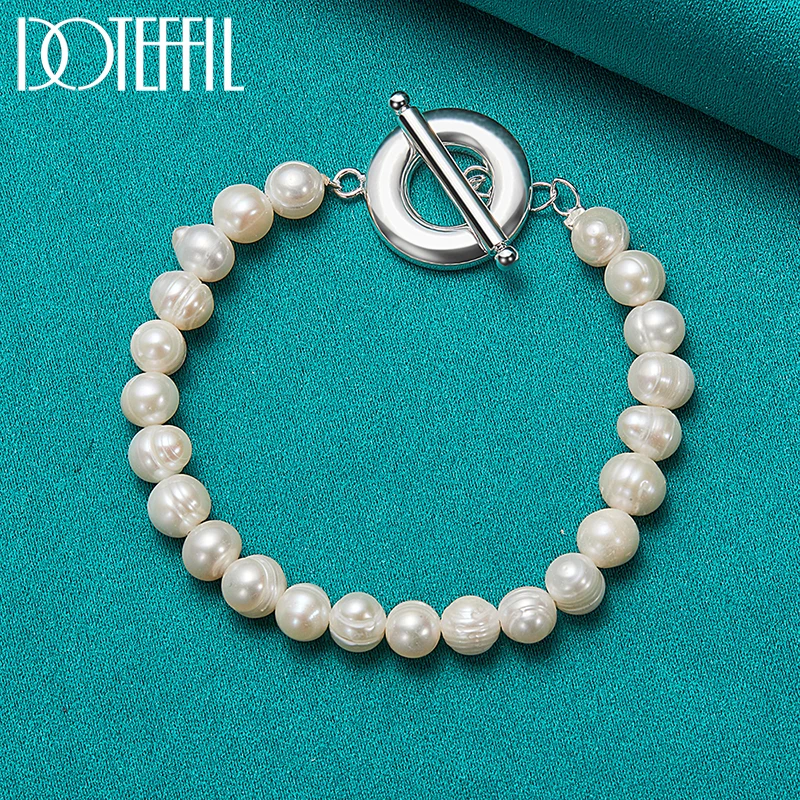 DOTEFFIL 925 Sterling Silver Natural White Freshwater Pearl Bracelet For Women Wedding Engagement Party Jewelry Christmas Gift