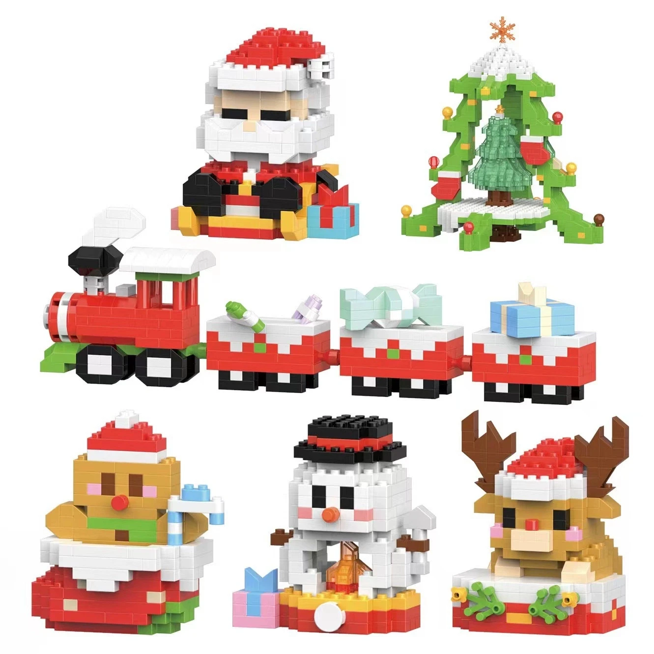 DIY Christmas Tree Elk Deer Santa Claus Train Decorations Architecture Socks Street View Xmas Snow House Building Block Kit Toy