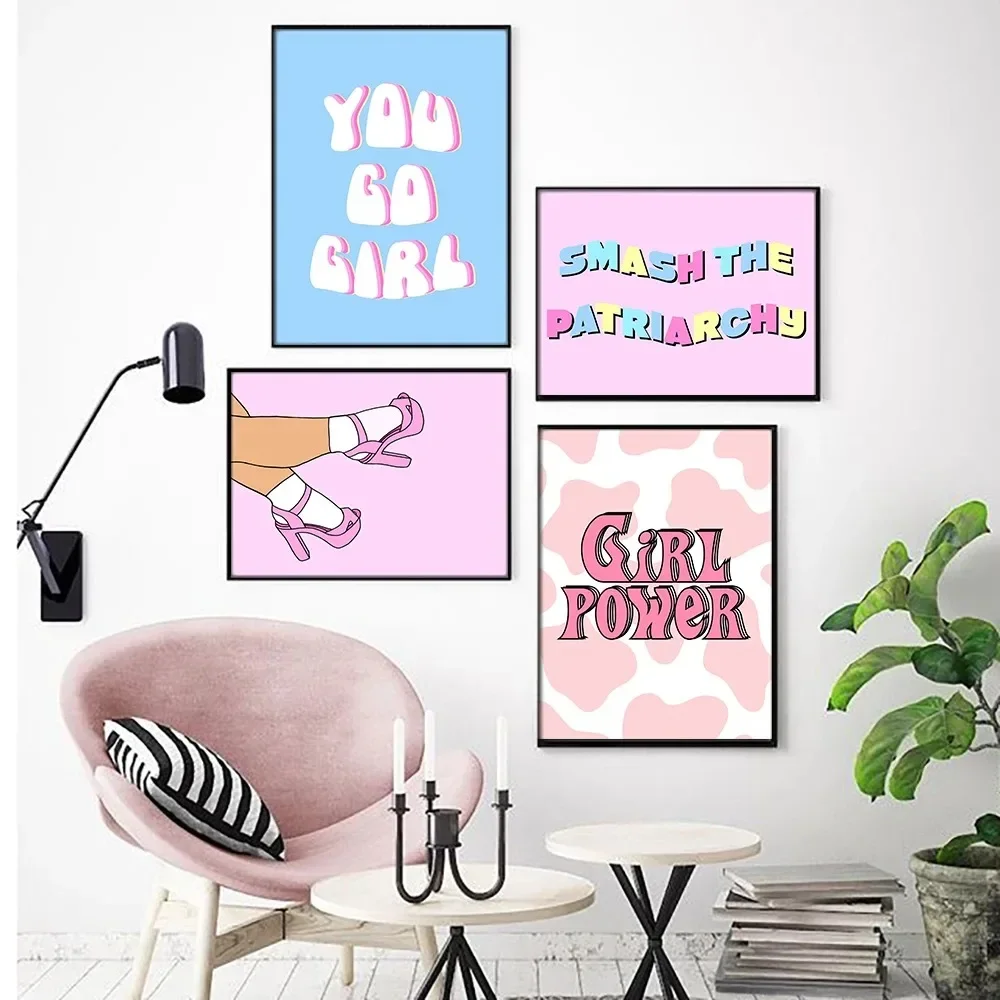 Canvas Painting Girl Room Decor Print Pink Fashion Women High Heels Poster Retro Funky Inspirational Quote Feminist Home Mural