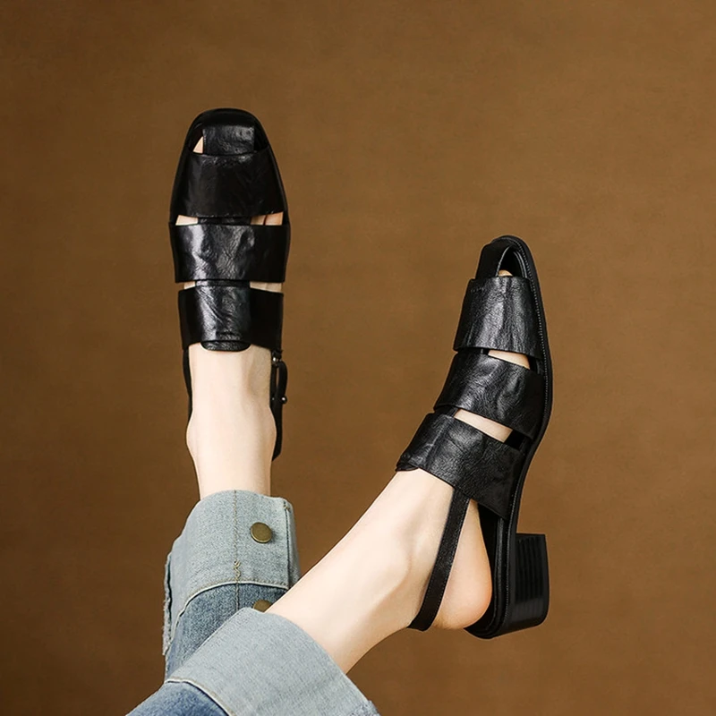 NEW Summer Women Sandals Genuine Leather Shoes for Women Square Toe Chunky Heel Shoes Cover Toe Slingback Shoes Weave Sandals - view 6