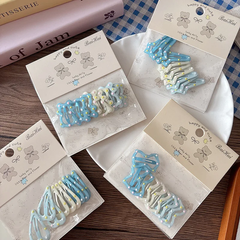 

9pcs Sweet Sea Blue Oil Drop Dots Snap Hair Clips Kawaii Pastel Barrettes for Girls Versatile Basic Bangs Clips Hair Accessories
