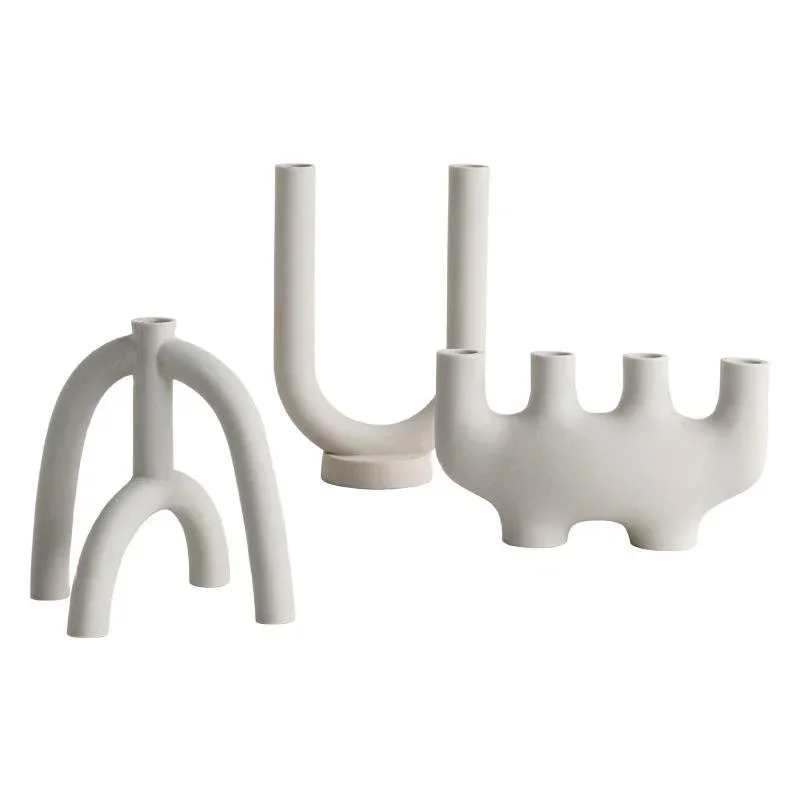 

Nordic Creative Ceramic Candlestick White Candle Holders Water Pipe Modern Living Room Candle Stand Home Ornament Gift FC455