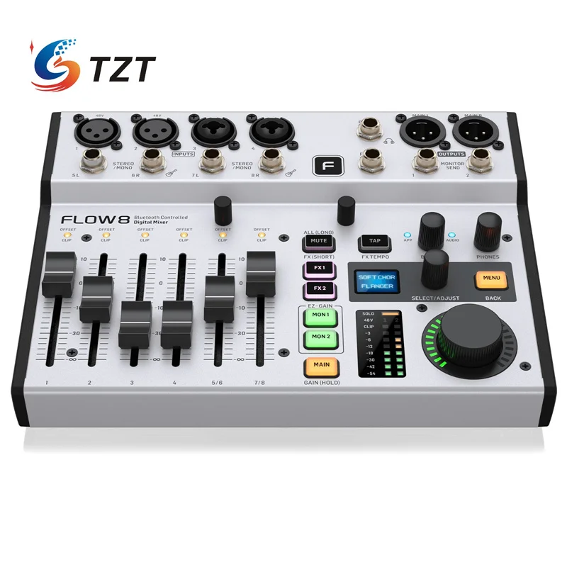 

TZT FLOW 8 Digital Mixer 8-Input 2 FX and 2 Monitor Ultra-low Noise Audio Processor Support Bluetooth App Control