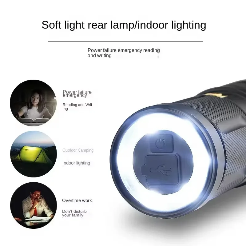 Super Bright Mini LED Flashlight With Tail Light USB Rechargeable Waterproof Zoom Flashlight Outdoors Camping Fishing Light