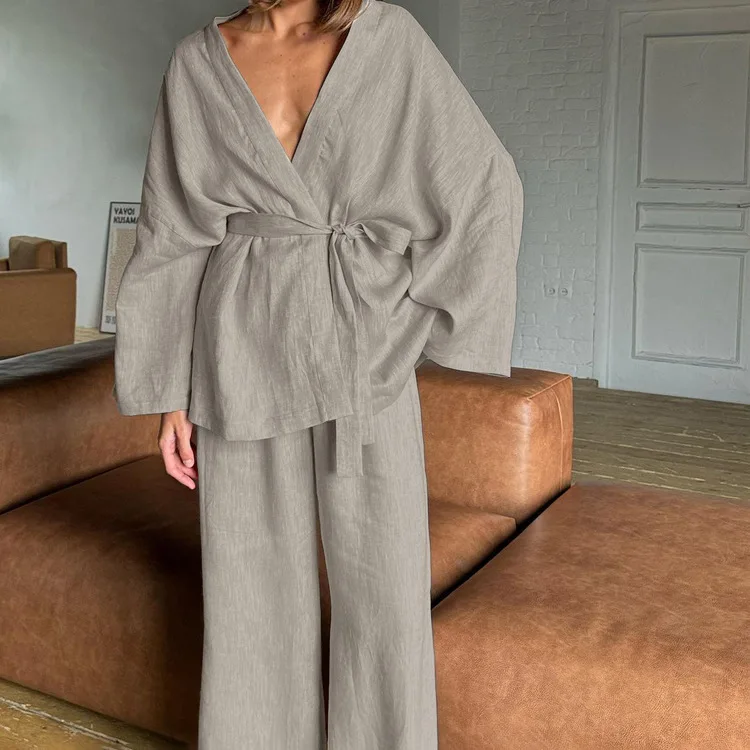 2026 Nieuwe Casual Kaki Tweedelige Outfits Vrouw Herfst V-hals Lange Mouwen Lace-Up Shirts En Eenvoudige Rechte Broek vrouwelijke Sets