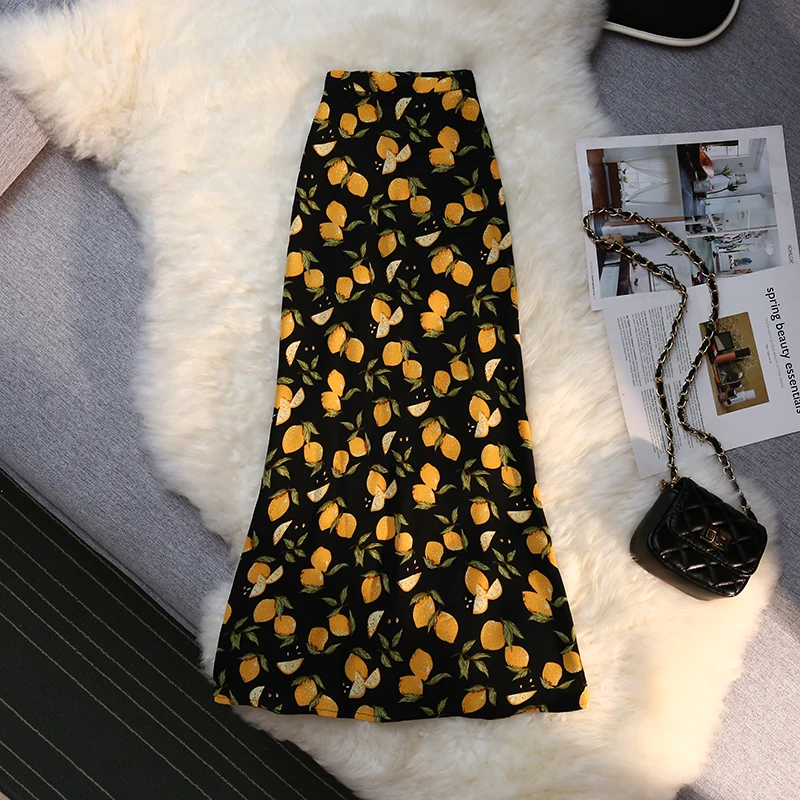 Lemon Print Mermaid Long Skirts for Women 2024 New Spring Summer Elegant Ladies High Waist Back Zipper Black Midi Skirt