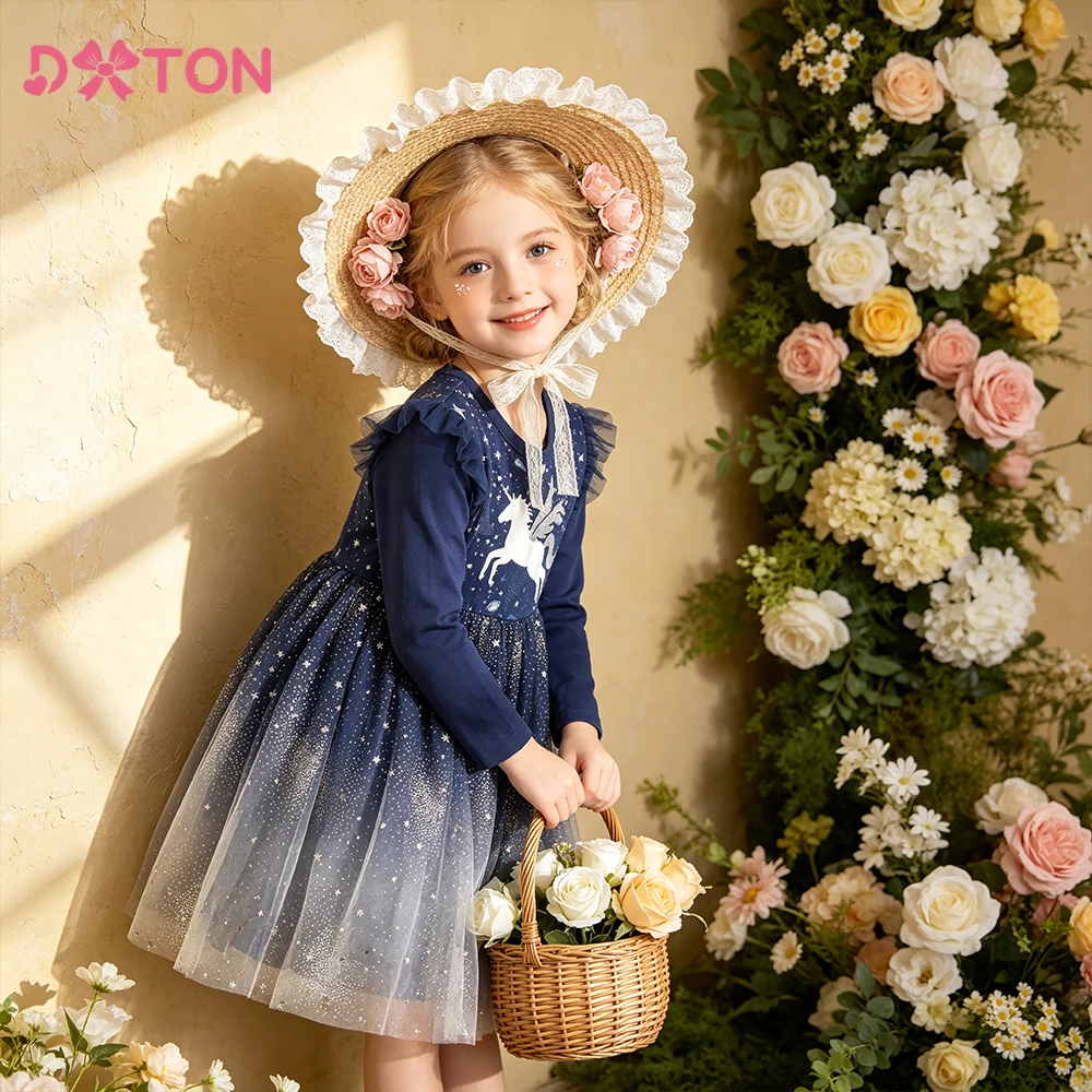 DXTON Kinder-Prinzessinnenkleid mit Rüschenärmeln, Sternenhimmel-Druck, für Kinder, Alltagskleidung, gepunkteter Tüll, Einhorn, Mädchen, Schule, Freizeitkleid