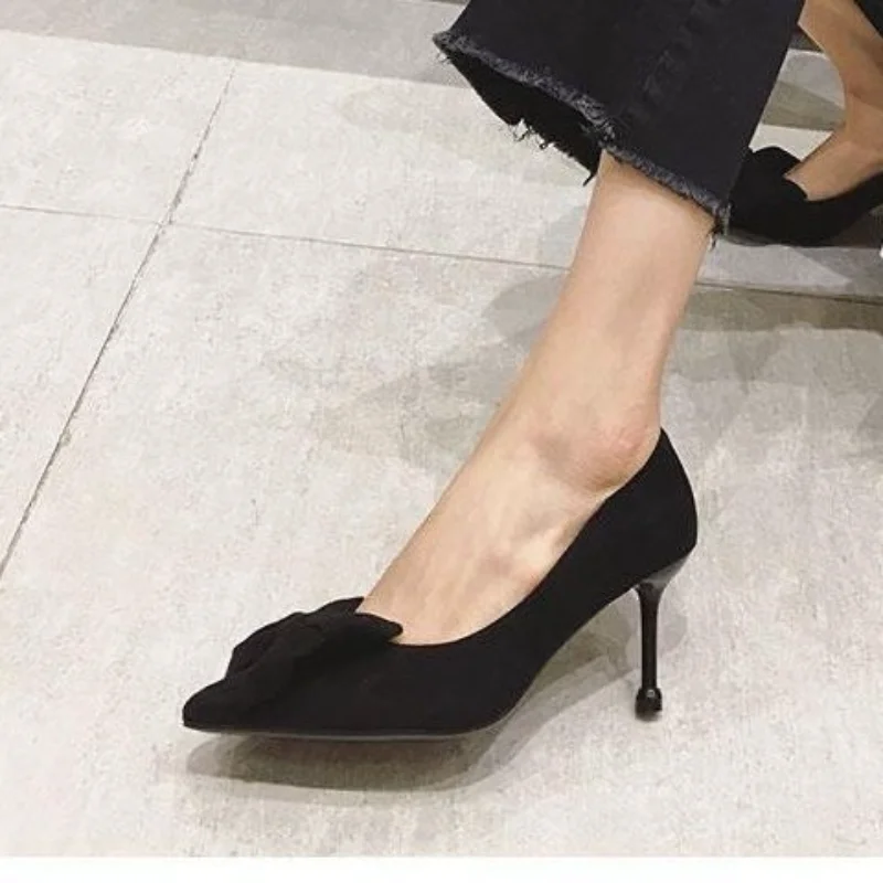 Buty dla kobiet 2024 Super High Heel Ladies Summer Footwear Black Office Stilito Pointed Toe with Bow Genuine Mark Slip on Shoe