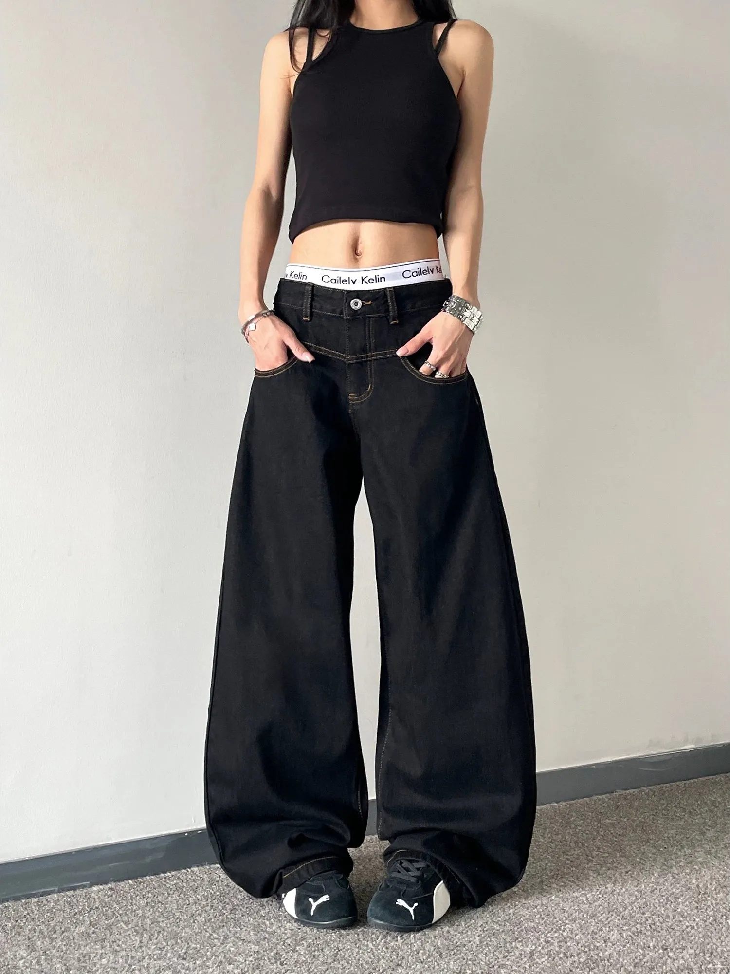 Calça Jeans Retrô Preta Lavada com Corte Afiado, Calça Larga Solta Estilo Americano para Homens e Mulheres