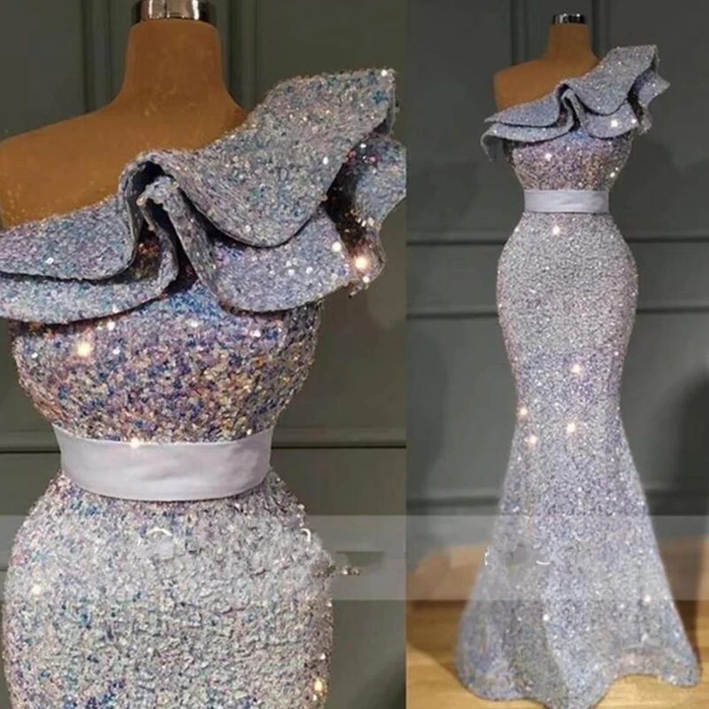 Abiti da sera con paillettes in nastro di fascia alta, maniche monospalla, lunghezza del pavimento, abiti da ballo per banchetti da donna intelligenti slim fit a sirena