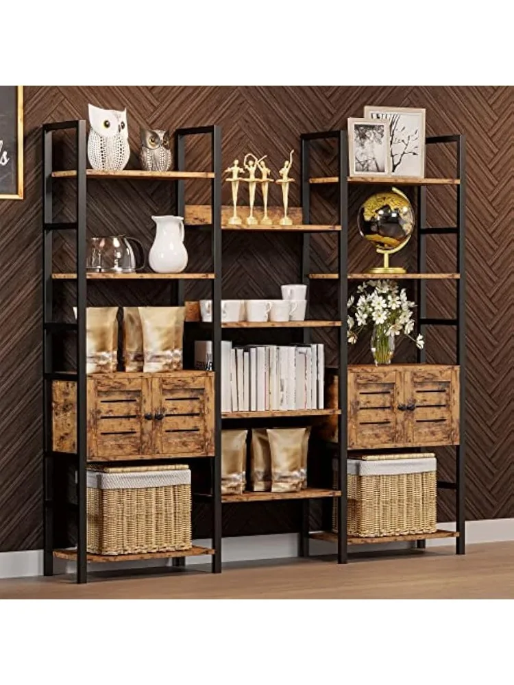 رف كتب صناعي وخزانة كتب مع بابين ورف عرض ثلاثي واسع 5 طبقات مع خزانة تخزين للمعيشة