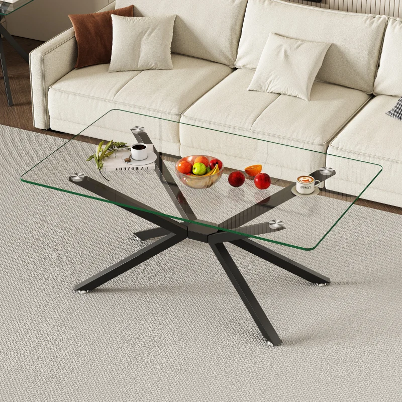 

39.37" Rectangular Clear Tempered Glass Table Stylish With Black Metal Legs Coffee Table For Living Room