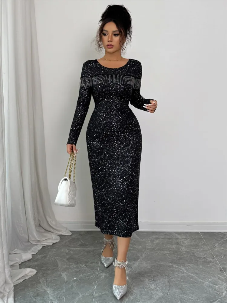 새로운 가을 겨울 우아한 스팽글 라운드넥 긴팔 슬림 여성 블랙 드레스, 파티 클럽 이브닝 여성 바디콘 미디 드레스
