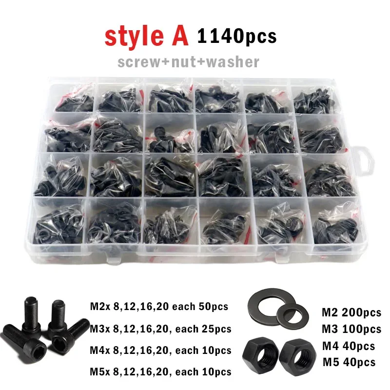 250 Stück-1140 Stück M2 M2,5 M3 M4 M5 schwarzer Stahl der Güteklasse 12,9, Innensechskant-Innensechskantschraube, Bolzen und Muttern-Set – Detail 1