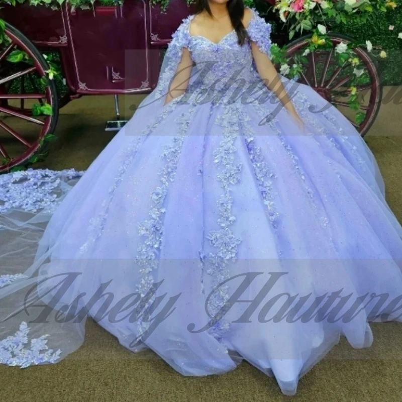 Maßgeschneiderte, bezaubernde süße 15- bis 16-jährige Mädchen-Quinceanera-Kleider mit Umhang, 3D-Blumenmuster, Schnürung, Ballkleid, Abschlussball, Partykleid, Festzug, Neu