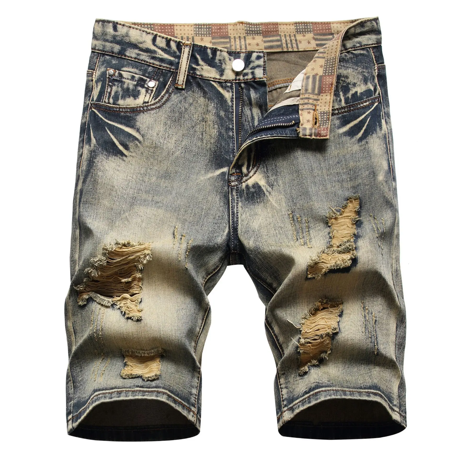 Street fashion in Europe and the United States a number of holes nostalgia color loose hand sewn fold denim pants men