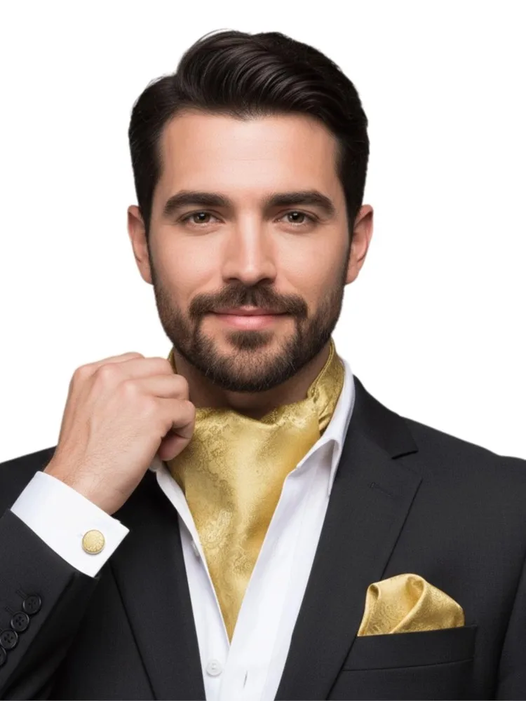 3 pièces hommes or jaune rayures florales cravate Ascot poche carré boutons de manchette ensemble mariage formel décontracté bureau