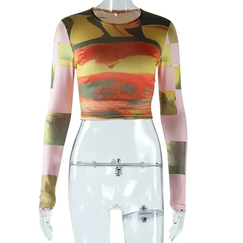 Women's Tie Dye Print Crop T-Shirt Tops, O-Neck, Long Sleeve