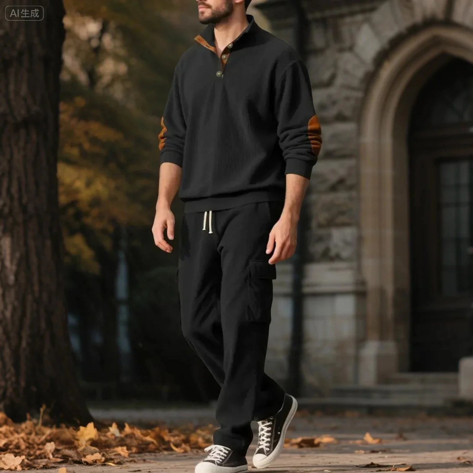 

‌Corduroy Stand Collar Pullover Cargo Pants Set Men Black Casual Streetwear Outfit Autumn 2025NEW Trendy Workwear Lounge Wear