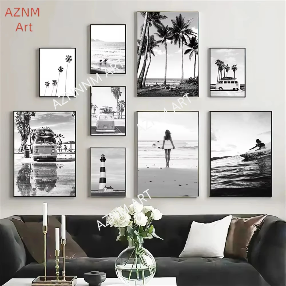 1PC, Schwarz Weiß Landschaft Poster Surf Mädchen Kokospalme Leinwand Malerei Meer Wal Kunstdrucke Nordic Wand Bilder Wohnzimmer