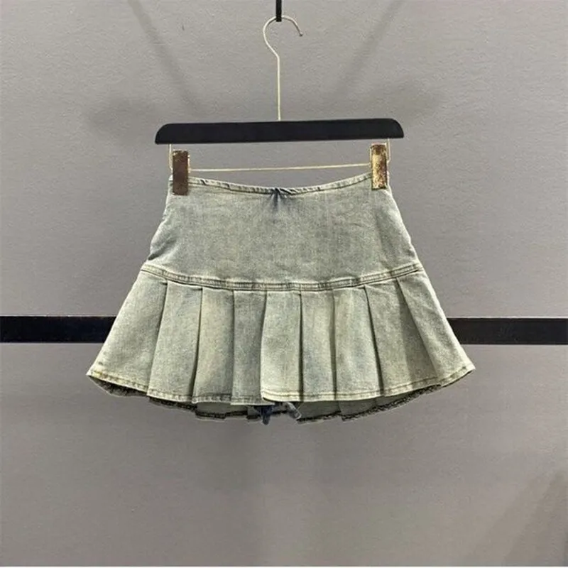 Korean style Summer High Waisted Denim Pleated Short Skirt Girlish and Motorcycle Cool Pantskirt Mini Culottes Women Skirts