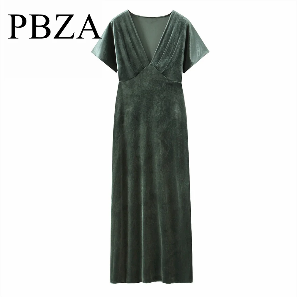 

Women's clothing 2024 autumn new style French temperament V-neck velvet short sleeved solid color long Midi dress