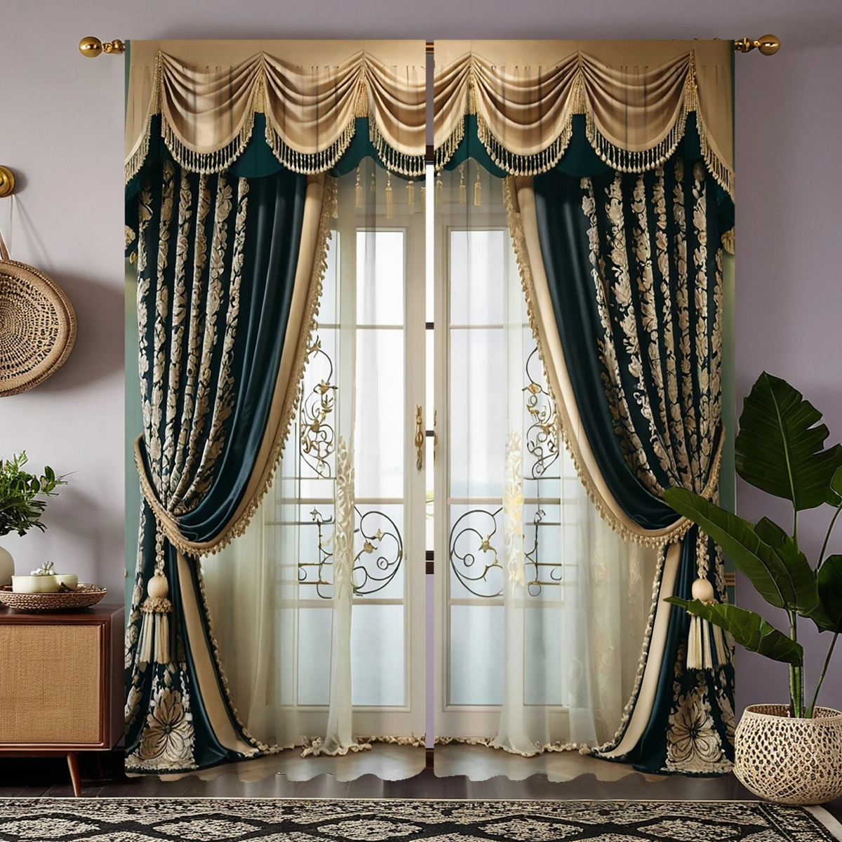 2-piece HD digital yellow series of American blue yellow flower luxury atmosphere curtain home decoration style decoration livin