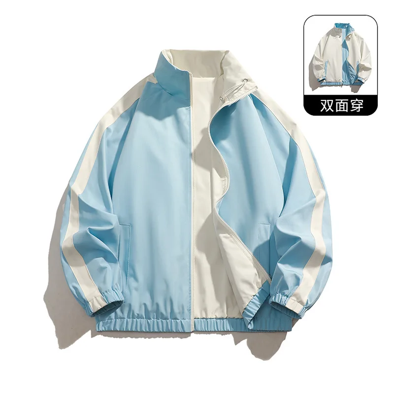 

Весенне-осенняя новая двусторонняя куртка, мужская универсальная двусторонняя куртка с воротником-стойкой в полоску