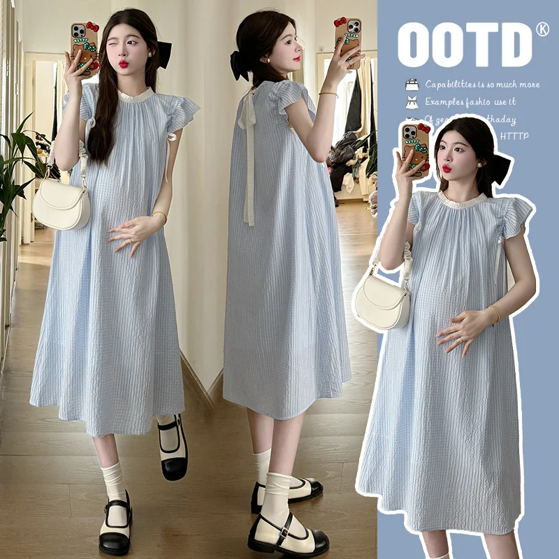 2024 Summer French Style Sweet Flying Sleeve Maternity Dress Blue Long Loose Pregnant Woman A-Line Dress Bowknot Dobby Dresses