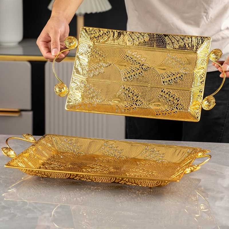 

European Fruit Plate,Alloy Household Hollowed-out Shape Plate,Portable Golden Snack Disc,Candy Plate Home Living Room Decoration