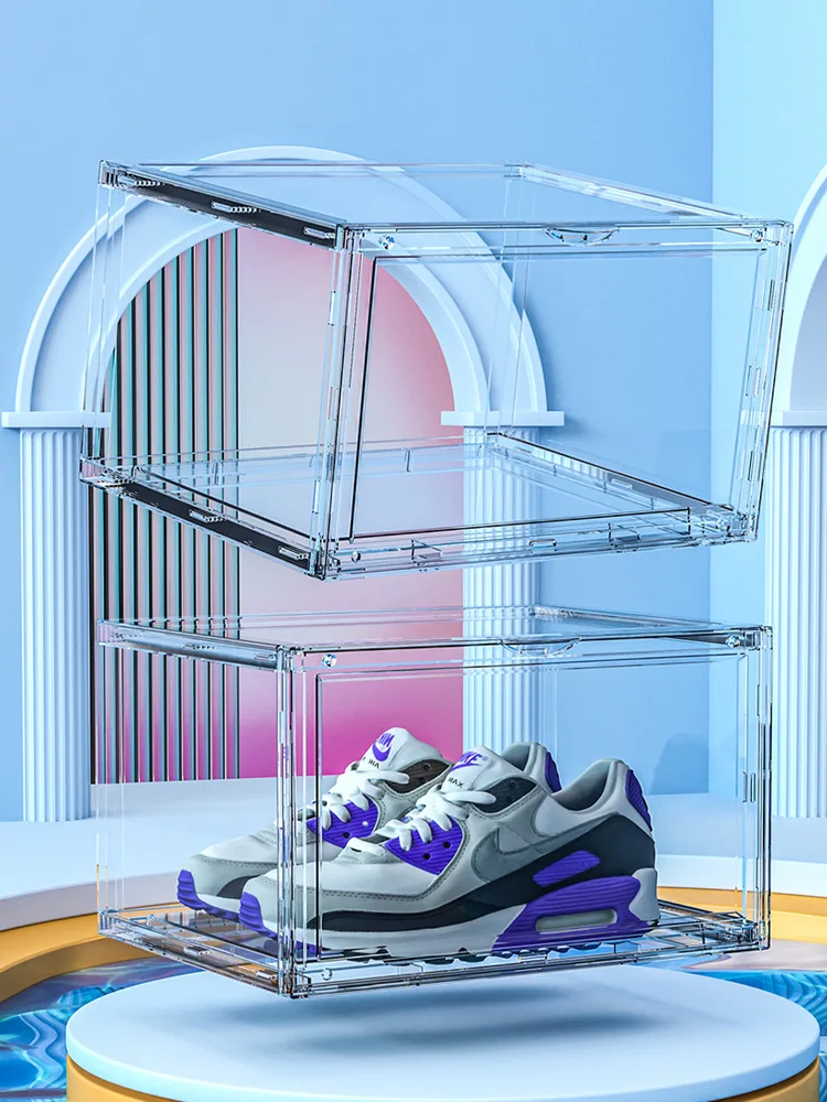 1pcs Fully Transparent Acrylic Shoe Box Sneaker Storage Box Side-opening Magnetic Shoe Cabinet Can Be Freely Combined