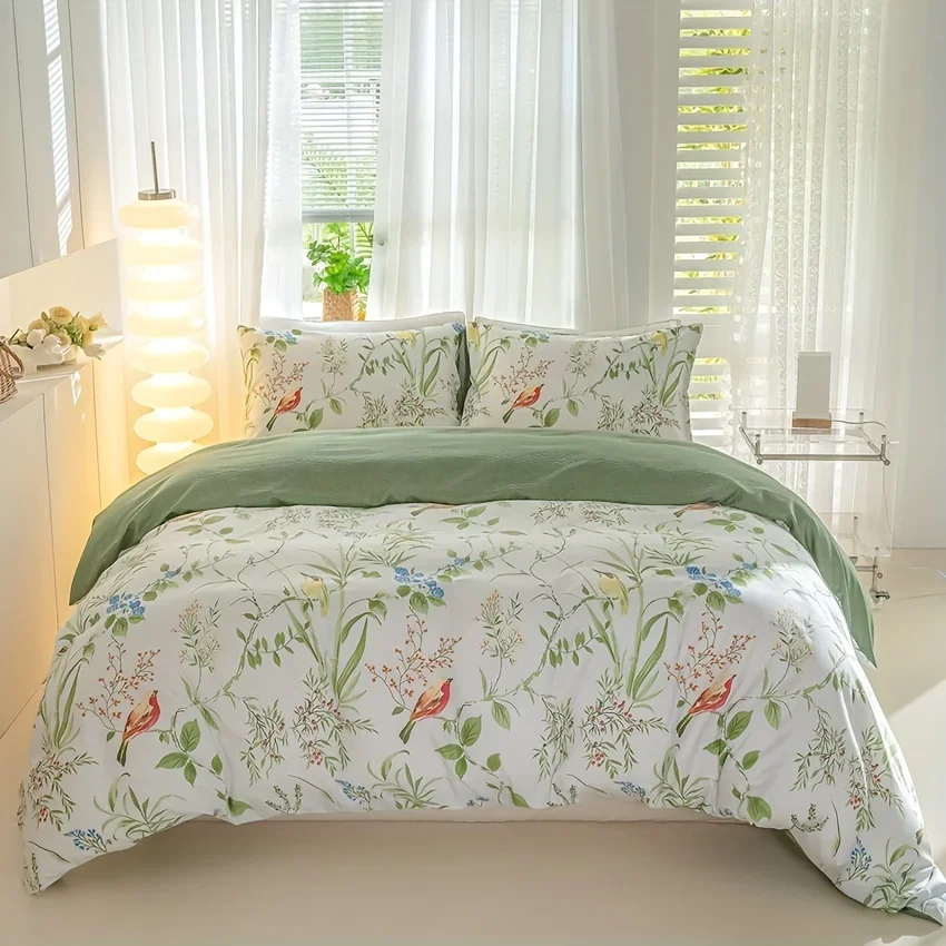 

3pcs Floral Printed Duvet Cover Set with 2 Pillowcases, Machine Washable, Zipper Closure, All-Season, Woven Polyester, No Duvet