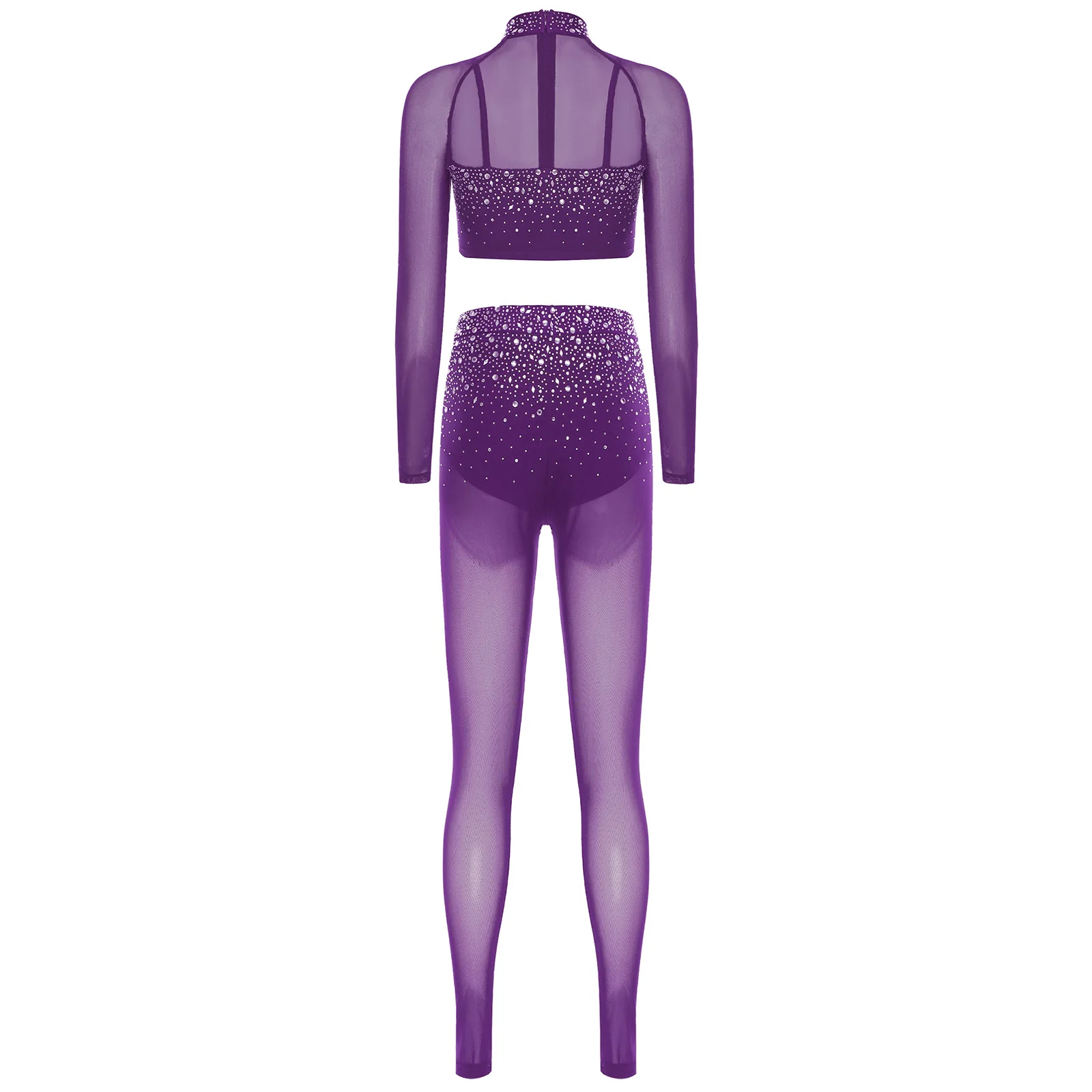 Roupa de dança lírica moderna feminina strass manga longa pura malha colheita superior leggings collants ballet latino ginástica treino