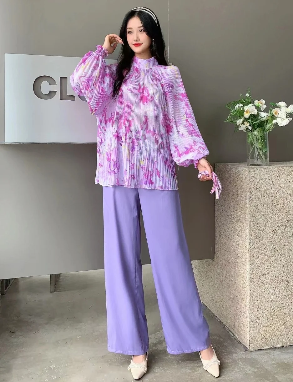 2024 New Spring Autumn Women Pants Suit Long Sleeve Loose Pleated Floral Shirt And High Waist Wide Leg Long Pants Two Piece Set