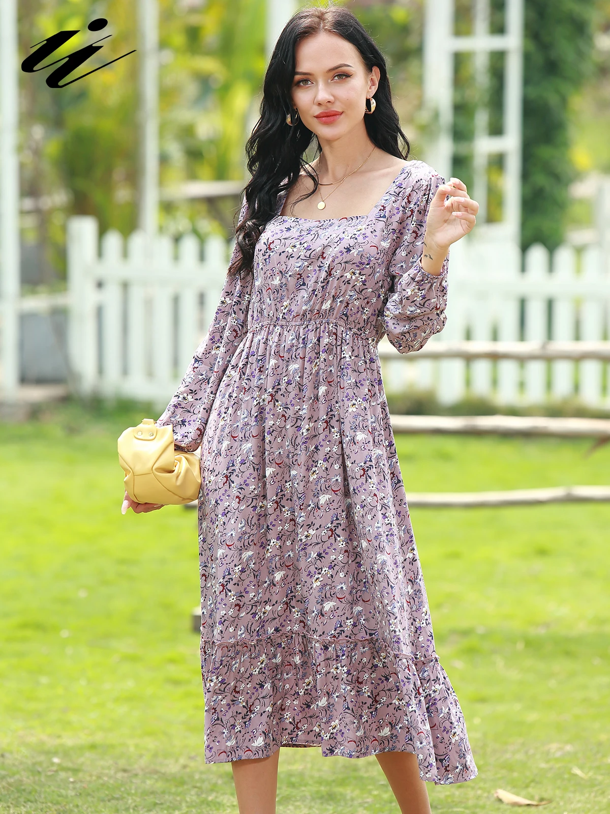 

II New Spring Summer Women's Floral Print Midi Dress Casual Puff Long Sleeve Ruffle Trim Smocked A-line Pleated Swing Dresses