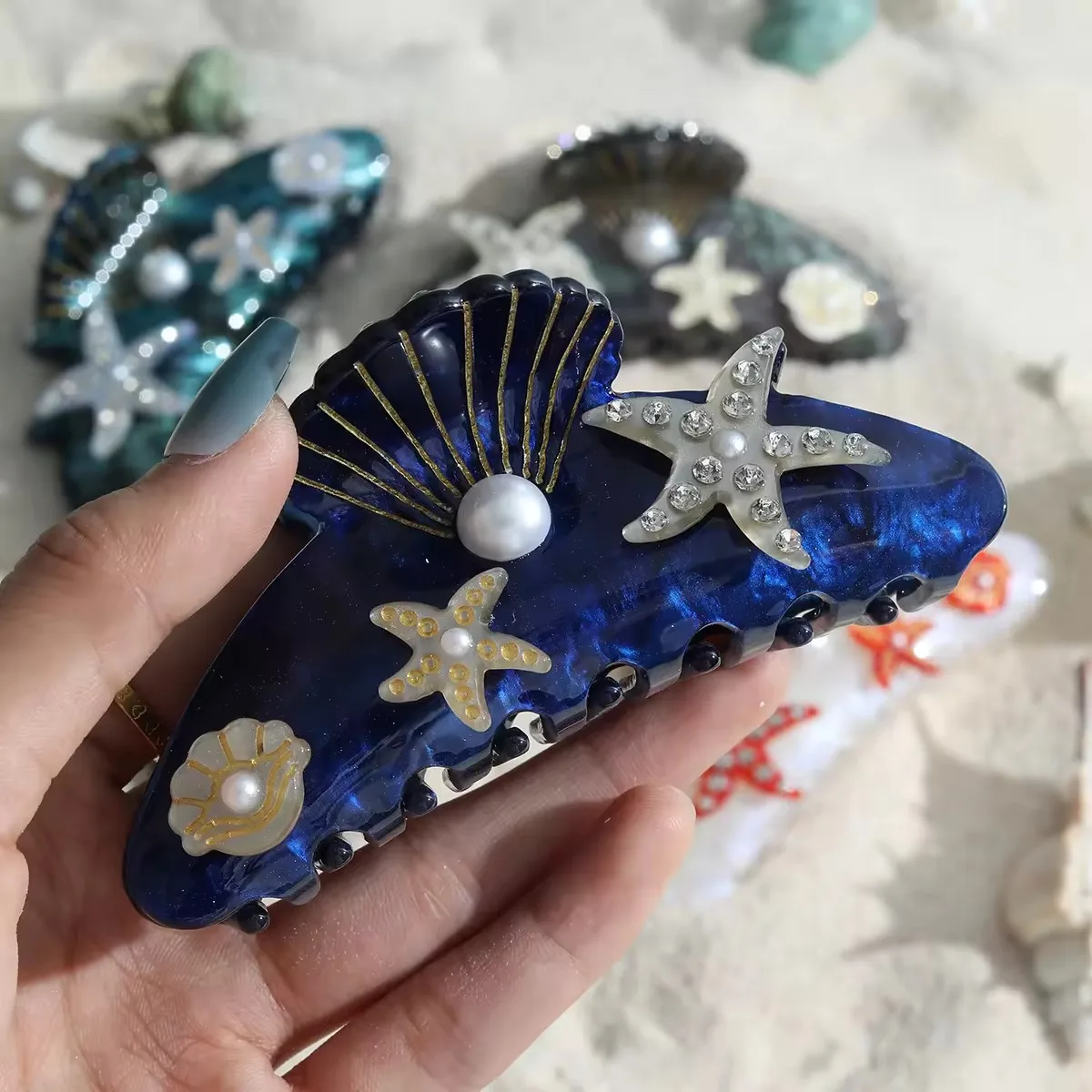 DuoShang-garra acrílica con diamantes de imitación para mujer y niña, accesorio para el cabello de lujo con diseño de concha de estrella de mar, Serie Ocean