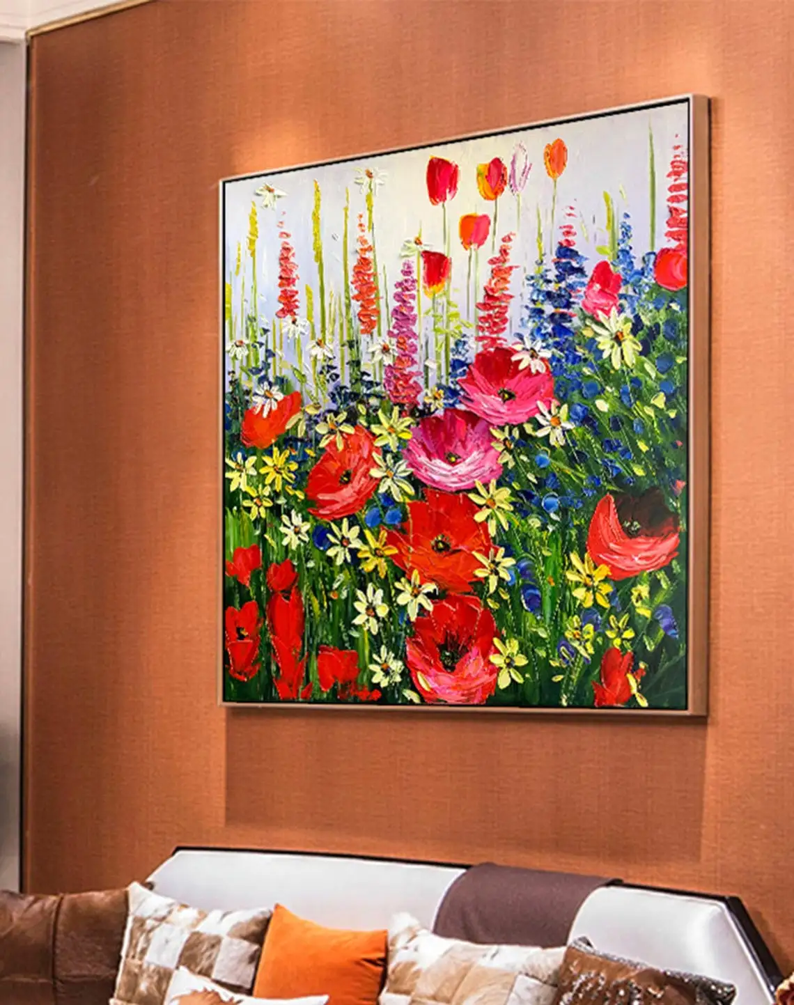 Blossom Red Flowers Hand Painted Oil Painting on Canvas Abstract Plant Floral Field Blooming Floral Art Painting Modern Wall Art