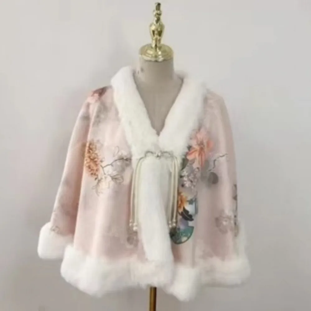 

Winter Warm Knitting Shawl Chinese Style Elegant Plush Wraps Scarf Thick Faux Fur Collar Shawl for Evening Dresses Wedding Party