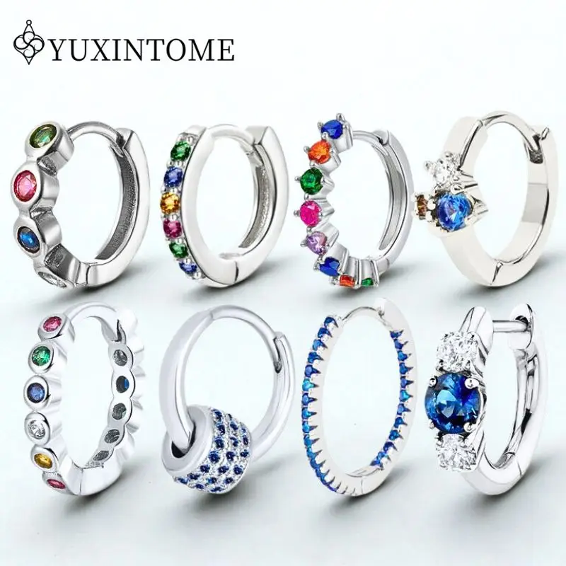 

925 Sterling Silver Needle Silver Ear buckles Hypoallergenic Hoops Earrings For Women Blue Zirconia Fashion High Quality Jewelry