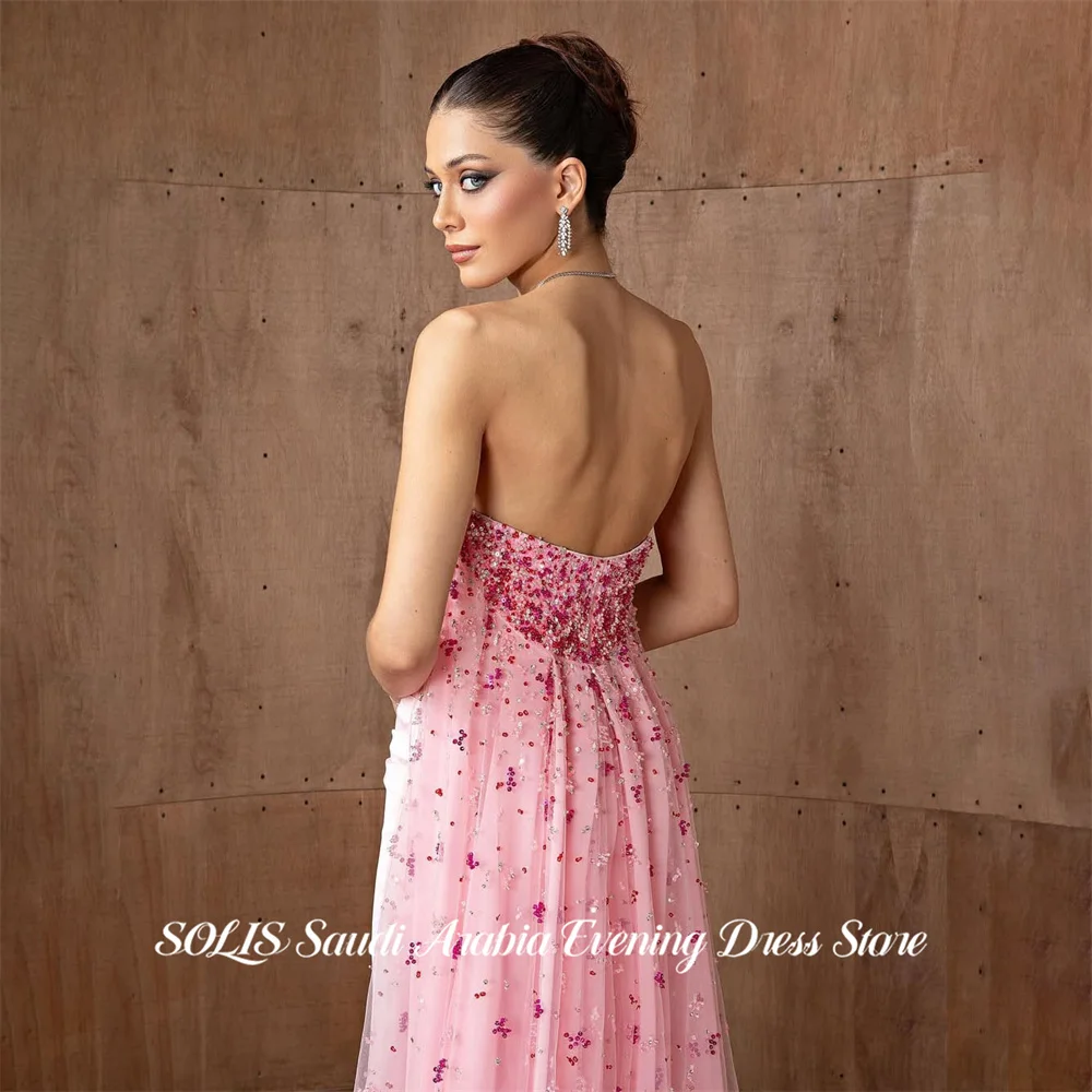 

SOLIS Pink Prom Dresses Satin Strapless Gala Dresses with Tulle Train Saudi Arabic Mermaid Sweet Evening Party Gown Customized