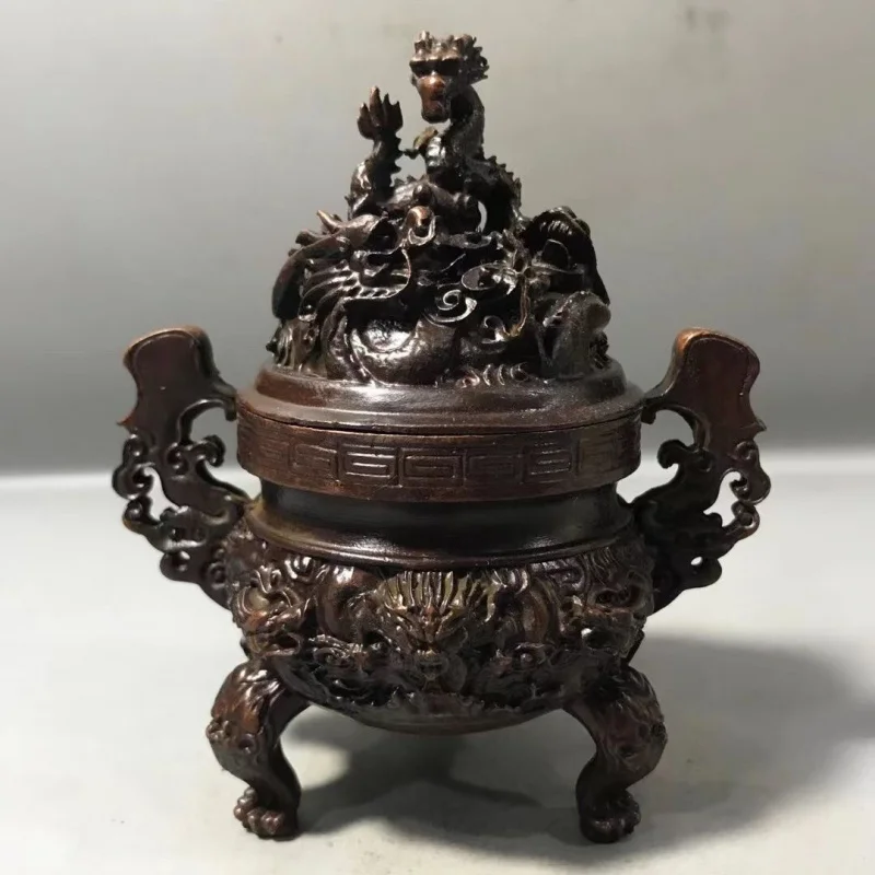 

Antique Collectible Copper Incense Burner Ornament Two Dragons Playing with Pearls Incense Burner Sandalwood Incense Burner Arom