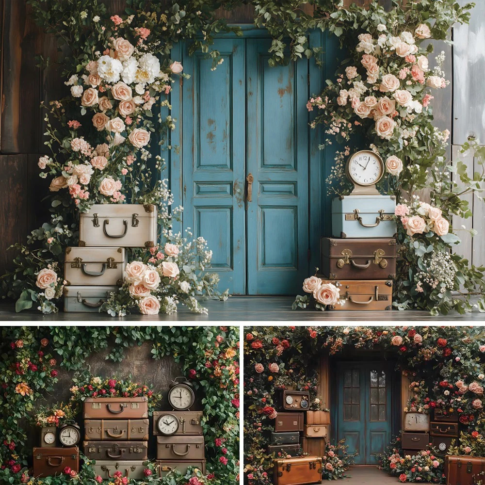 

Spring Flower Easter Backdrop Vintage Wooden Wall Pink Floral Suitcases Clock Bridal Shower Wedding Party Photography Background