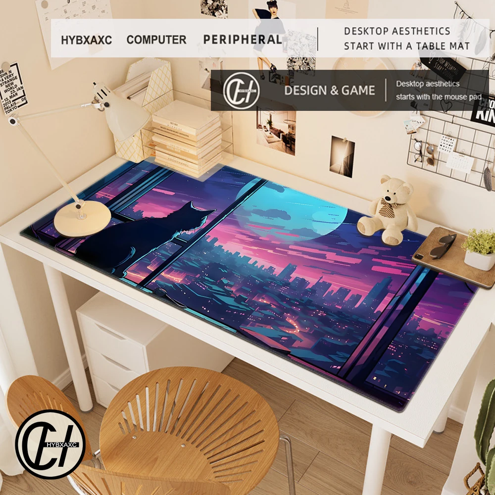 Alas Meja Ungu Alas Mouse Anime 100X50 Alas Mouse Kucing Hitam Keyboard Matt Xxl Vaporwave Neon City Cat Alas Meja Diperpanjang untuk Gamer